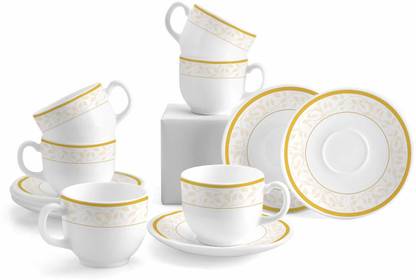 cello Pack of 12 Opalware Divine Amber Gold Cup & Saucer 160 ml