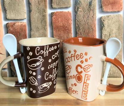 Shyam Ji Mart Combo of 2 Coffee with Spoon stand Ceramic Coffee Mug