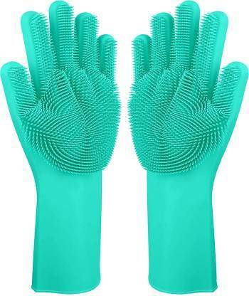 SKYCITY SmartBuy Silicon Household Safety Wash Scrubber Heat Resistant Kitchen Gloves for Dish washing, Cleaning, Gardening Wet and Dry Glove (Free Size)/ Home Magic Silicone Dish Washing Hand Gloves for Cleaning, Kitchen, Car, Bathroom and Pet Grooming (Color as per availability) - 1 Pair Wet and Dry Glove Set Wet and Dry Glove