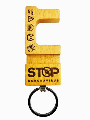 THS safety keychain/Hands-Free Contactless Door Opener Tool Metal - No Touch Non Contact Door Opener/Safe Key, Safety Keychain with Mobile Stand WOOD Key Chain