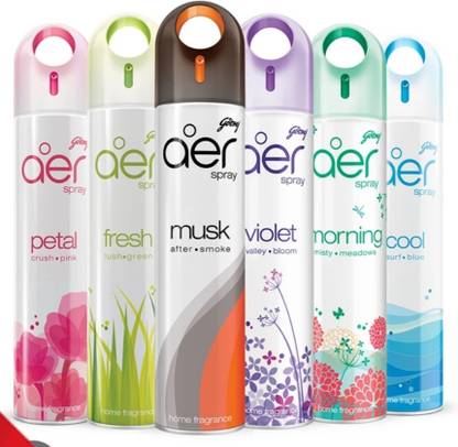 Godrej ALL ORIGINAL NATURAL FRAGRANCES Spray AER Petal crush pink, Musk after smoke, Violet velly bloom, Morning misty meadow, Fresh lush green , COOL air freshener Spray ( pack of 6 )