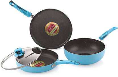 NIRLON Bluesea 4-Piece Aluminium Non Stick Cookware Gift Set with Glass Lid, Blue Non-Stick Coated Cookware Set
