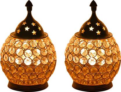 Sai Craft Creations Brass Akhand Set Diamond Crystal Deepak/Dia|With Glass Cover Akhand Jyoti | Magical Stand | Decorative Brass Crystal Candle Gift |Items For Home Brass, Crystal (Pack of 2) Table Diya Set