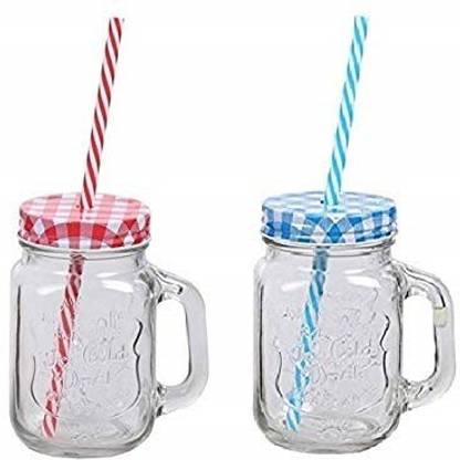 Dhamee Glass Hole Mason Jar with Lid and Straw (2 Pcs Random Colour, 500 ml) Glass Mason Jar