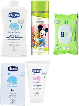 Chicco Body Wash Shampoo 100ml, Rich Cream 100ml, Oil 200ml , Soap 75gm, Filip Top Wipes 72pc,
