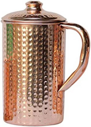 54 Ounce, 8 Inch SKAVIJ Pure Copper Jug with Lid and 4 Tumblers Set Hammered Style Water Pitcher