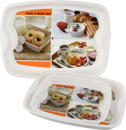 KUBER INDUSTRIES Printed Unbreakable Virgin Plastic Plastic 3 Pieces Office And Home Tea Or Coffee or Snacks Trey,Serving Trays Set (White) Tray Serving Set