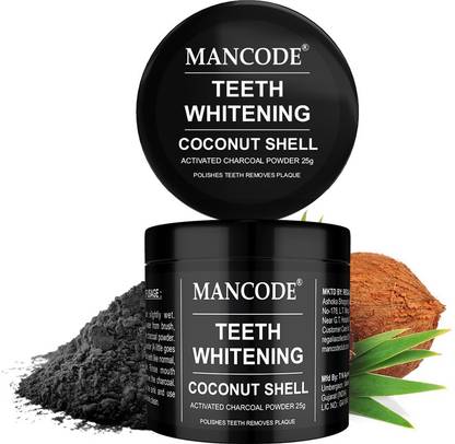 MANCODE Organic Teeth Whitening Coconut Shell With Activated Charcoal Power, Polishes Teeth and Removes Plaque and Stains, Fight Cavities, Improves Breath With Mint Extract Teeth Whitening Kit, 25gm Teeth Whitening Kit