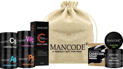 MANCODE Skin Care Combo Includes Charcoal Scrub, Charcoal Soap, After & Pre Shave Balm, Aloevera Gel, Whitening Cream, Vitamin C serum,With Complementary Gift Teeth Whitening