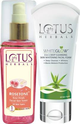 LOTUS Herbals Combo ( ROSETONE Rose Petals Facial Skin Toner_100 ml + Whitening Facial Foam_100 gm )