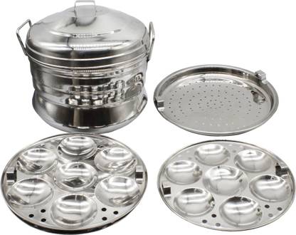 eKitchen Stainless Steel Idly Panai with 3 Idly Plates - 21 idlies and 1 Steamer Plate Induction & Standard Idli Maker