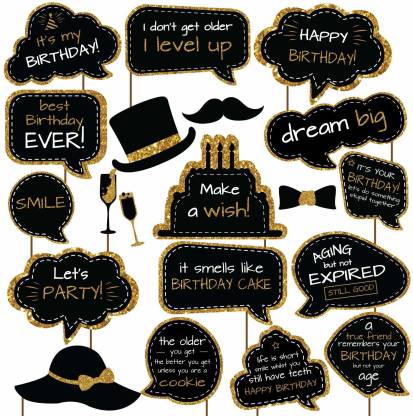 Balloons Happy Birthday Photo Booth Props- Made Black and Gold Selfie Props Birthday Decorations/Birthday Party Selfie Prop Kit Includes 20 Pieces/Birthday Photo Booth Props Backdrop Photo Booth Board