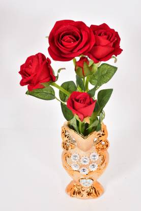 REC Beautiful Red Rose Flower Bunch - Natural Looking Leaves 5 Flowers 12 inch/30cm Red Rose Artificial Flower