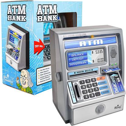 Ben Franklin Toys Kids Talking Atm Machine Savings Piggy Bank With Digital Screen, Electronic Calculator That Counts Real Money, And Safe Box For Kids, Silver Coin Bank