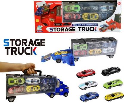 SANJARY 6 Set of Car Carrier Truck Container Storage Box Includes Toy Cars and Accessories with Carrying Case, Jumbo Truck Best Toy Gift for Kids-Multi (Assorted Color)