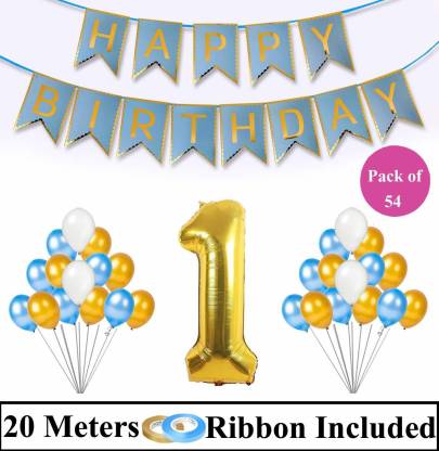 Decor My Party First Birthday Decoration Items For Baby Boy 1st Decorations With Happy Banner 1 Number Metallic Balloon In India - 1st Birthday Party Decorations At Home