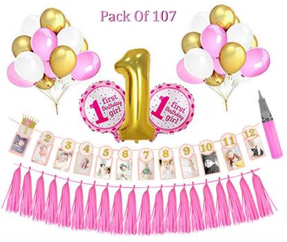 DECOR MY PARTY 1st Birthday Decor Decoration for Birthday First Birthday Party Decoration Items For Baby Girl / 1st Birthday Decorations Items With 1st Year Photo Banner , 1 number & Metallic Balloon