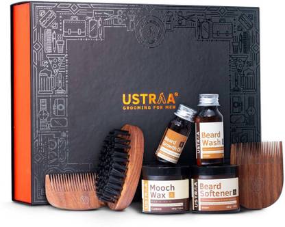 USTRAA Gift for Men- The Beard Lover Gift Pack- Beard Growth Oil (35ml), Beard Wash Woody(60ml), Beard Softener(100g), Comb Set (Set of 3), Mooch Wax- Classic (100g)