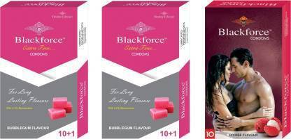 Black Force Combo 3pack(2 Bubblegum, 1-lytchee Flavour ) 2 Extrta Time and 1 Extraa dotted Condom (32 Pieces) Condom (Set of 3, 32S) Condom