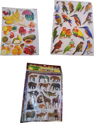 AutoVHPR 2.54 cm Large Size Foam Based Educational Stickers Fruits Animals Birds Self Adhesive Sticker