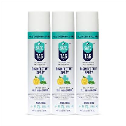 SAFE TAG Multi Surface Disinfectant Spray Ethanol Based Kills 99.9% Of Bacteria Germs (Pack Of 3)