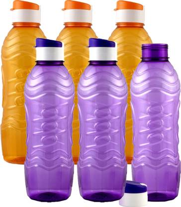 KUBER INDUSTRIES Plastic 6 Pieces Fridge Water Bottle Set with Flip Cap (1000ml, Orange & Purple)- 1000 ml Bottle
