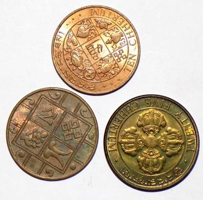 Hariom 1979 - 3 BHUTAN HOLY COPPER COINS LOT 10 & 20 CHHERTUM & HOLY COINS WT. APPROX 5 TO 8 GRAMS, EACH Ancient Coin Collection