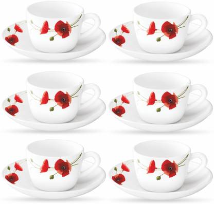 Larah by Borosil Pack of 12 Opalware Present arah RED CARNATION 6 pcs cup saucer Set {Cup 140ml (6 pcs) || Saucer 135mm (6 pcs)}
