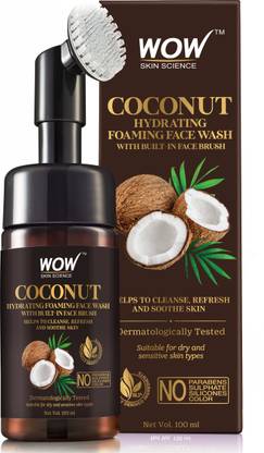 WOW SKIN SCIENCE Coconut Hydrating Foaming  with Built-In Face Brush - with Coconut Water - For Cleansing, Soothing Skin - No Parabens, Sulphate, Silicones & Color - 100 ml Face Wash