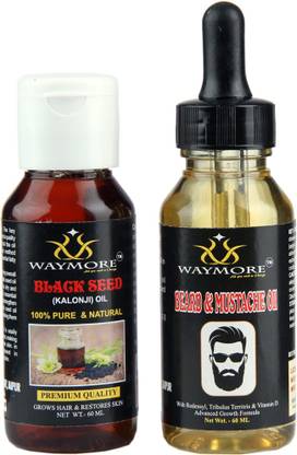 WAYMORE Premium 100% Natural Black Seed ( kalonji) Oil and Beard & Mustache Oil – For Preventing Hair Loss , Promoting Hair Growth And Beard Growth Combo Pack of 2 Bottles ( 120 ML ) Hair Oil