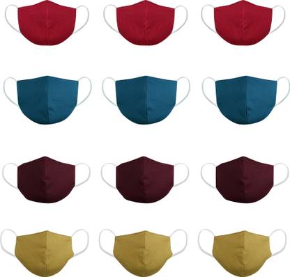DFR Unisex Washable And Reusable Three Layered 100% Cotton Fabric High Nose Design Face Masks (Multi Color – Maroon, Teal Blue, Burgundy, Mustard) - Pack of 12 MCCMC3D3_MUSMRBURBL4 Water Resistant, Reusable, Washable Cloth Mask