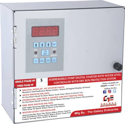 The Galaxy Enterprise 5 HP Single Phase Fully Automatic Submerisible Pump Digital Starter With Water Level Controller + Dry Run Protectin + Under Voltage & Over Voltage Protection + Under Current & Over Current Protection + Auto Switch System. Wired Sensor Security System