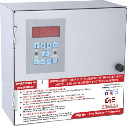 The Galaxy Enterprise 1 HP Single Phase Fully Automatic Submerisible Pump Digital Starter With Water Level Controller + Dry Run Protectin + Under Voltage & Over Voltage Protection + Under Current & Over Current Protection + Auto Switch System. Wired Sensor Security System