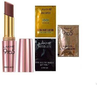 Lakmé 9 to 5 Primer Plus Matte Lip Color (Shade: Sangria Weekend) with 3 Sample Trial Sachets for Face Care