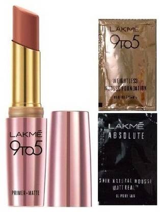 Lakmé 9 to 5 Primer Plus Matte Lip Color (Shade: Maple Map) with Complimentary Trial Sachets for Face Care