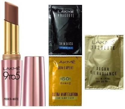 Lakmé 9 to 5 Primer Plus Matte Lip Color (Shade: Espresso Shot) with 3 Sample Trial Sachets for Face Care