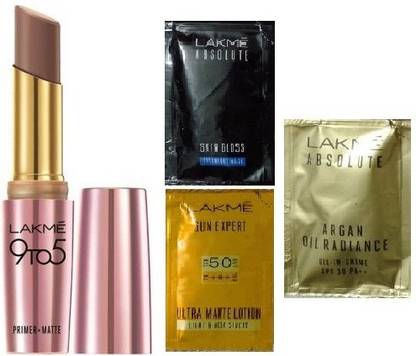 Lakmé 9 to 5 Primer Plus Matte Lip Color (Shade: Brownie Point) with 3 Sample Trial Sachets for Face Care