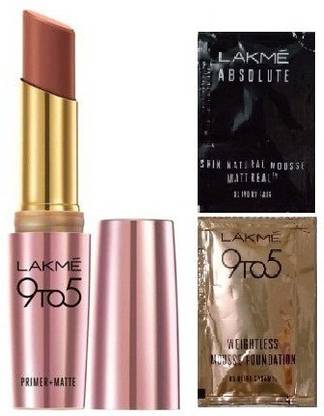 Lakmé 9 to 5 Primer Plus Matte Lip Color (Shade: Caramel Cut) with Complimentary Trial Sachets for Face Care
