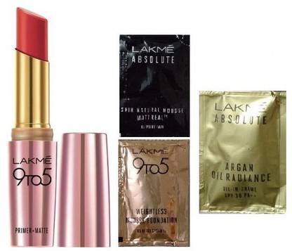 Lakmé 9 to 5 Primer Plus Matte Lip Color (Shade: Crimson Catch) with 3 Sample Trial Sachets for Face Care
