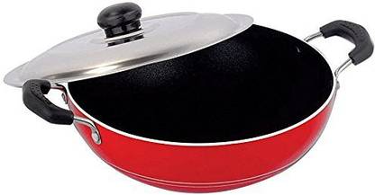 NIRLON Classic Range Non-Stick Aluminium Curry Pan, 2.5 Litres/23.5cm, Red/Black Kadhai 23.5 cm diameter with Lid 2.5 L capacity