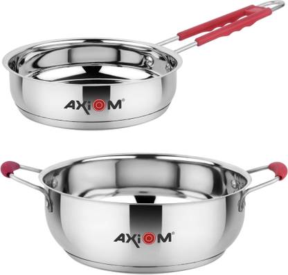 AXIOM Stainless Steel Set of 2 FRYPAN 1100 ml & KADHAI 2100 ml with Induction Encapsulated Bottom & Stay-Cool Extra Soft Silicone Handle Induction Bottom Cookware Set