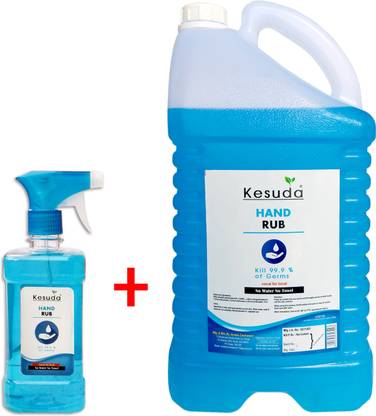 KESUDA Alchohol Base 5 Liter LIQUID refill WITH 1 Liter Sanitizer Spray(5+1L) Hand Rub Pump + Refill