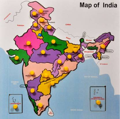 Techcrafts Wooden Map of India Puzzle Tray with Knobs for Kids 3 to 8 Years