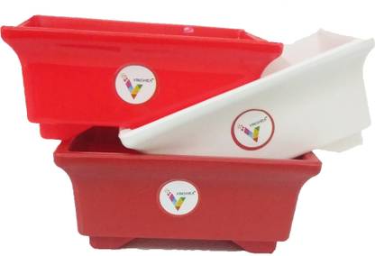 VINSHRA Red, Terracotta, White Rectangular Plastic Pot- 6 inch Plant Container Set
