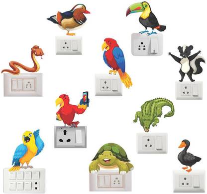 GLOBAL GRAPHICS 10 cm Birds and animals swithc board sticker for home décor (Set of 10 ) Self Adhesive Sticker