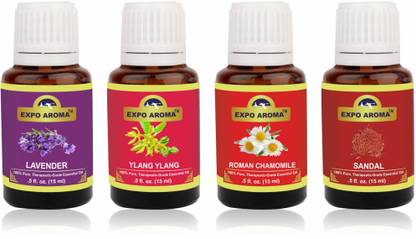 Expo Aroma Lavender, Ylang Ylang, Roman Chamomile, Sandalwood Essential Oil - Set of 4 x 15 ML 100% Pure & Natural, Therapeutic Grade Essential Oil for Aromapathy, Topical use and Diffuser blend
