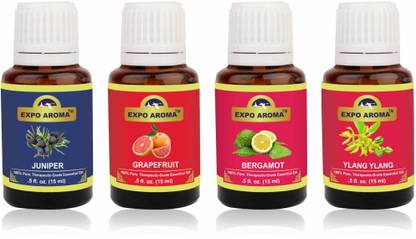 Expo Aroma Juniper Berry, Grapefruit, Bergamot, Ylang Ylang Essential Oil - Set of 4 x 15 ML 100% Pure & Natural, Therapeutic Grade Essential Oil for Aromapathy, Topical use and Diffuser blend