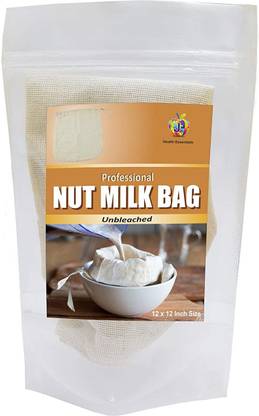 Jioo Organics Drawstring Natural Unbleached Cotton Nut Milk Bag | Reusable & Washable (Size: 12 inch x 12 inch) Strainer