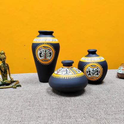 Artysta 'Tribal Fiesta’ Black Handpainted Terracotta Flower Vase Set of 3 For Home Decor Earthenware Vase