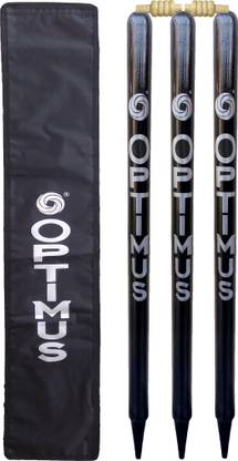 Optimus ® Cricket Wooden Stumps Wickets Full Size (Eucalyptus Wood)3 Pcs With Cover-Black